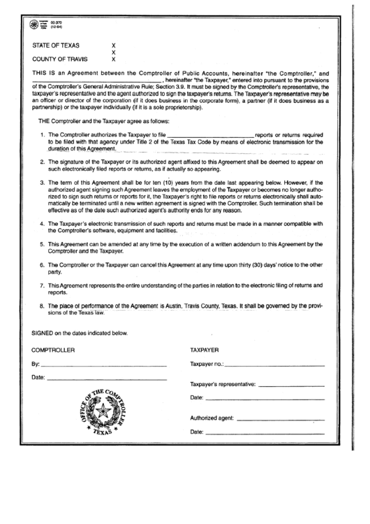Form 00-370 - Agreement Between Comptroller And Taxpayer Template - Austin, State Of Texas Printable pdf