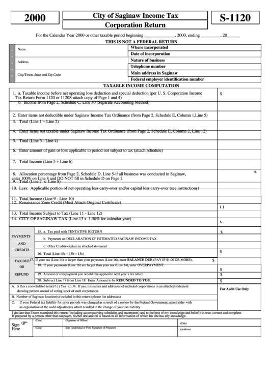 Form S-1120 - City Of Saginaw Income Tax Corporation Return - 2000 Printable pdf