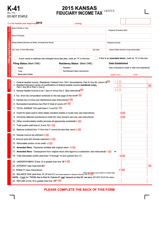 Fillable Form K-41 - 2015 Kansas Fiduciary Income Tax Printable pdf