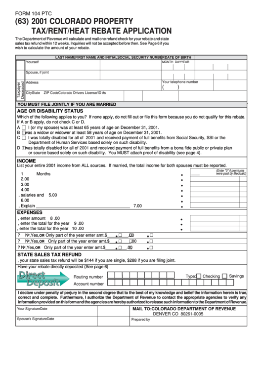 Form 104 Ptc Colorado Property Tax/rent/heat Rebate Application