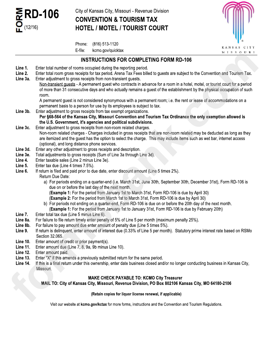 Instructions For Completing Form Rd-106 - Convention & Tourism Tax Hotel / Motel / Tourist Court - Kansas City, Missouri