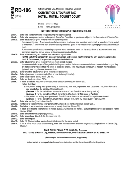 Instructions For Completing Form Rd-106 - Convention & Tourism Tax Hotel / Motel / Tourist Court - Kansas City, Missouri Printable pdf