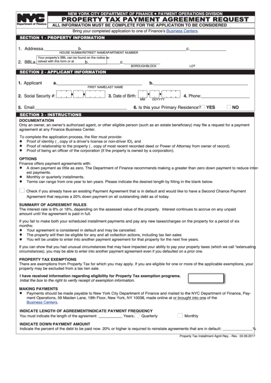 Property Tax Payment Agreement Request Form - New York City Department Of Finance Printable pdf