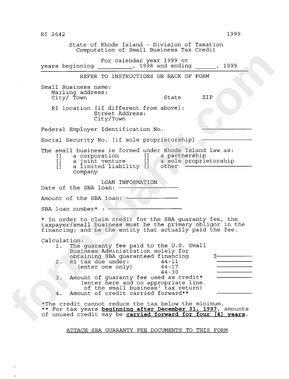 Form Ri 2642 - Computation Of Small Business Tax Credit - Rhode Island - 1999