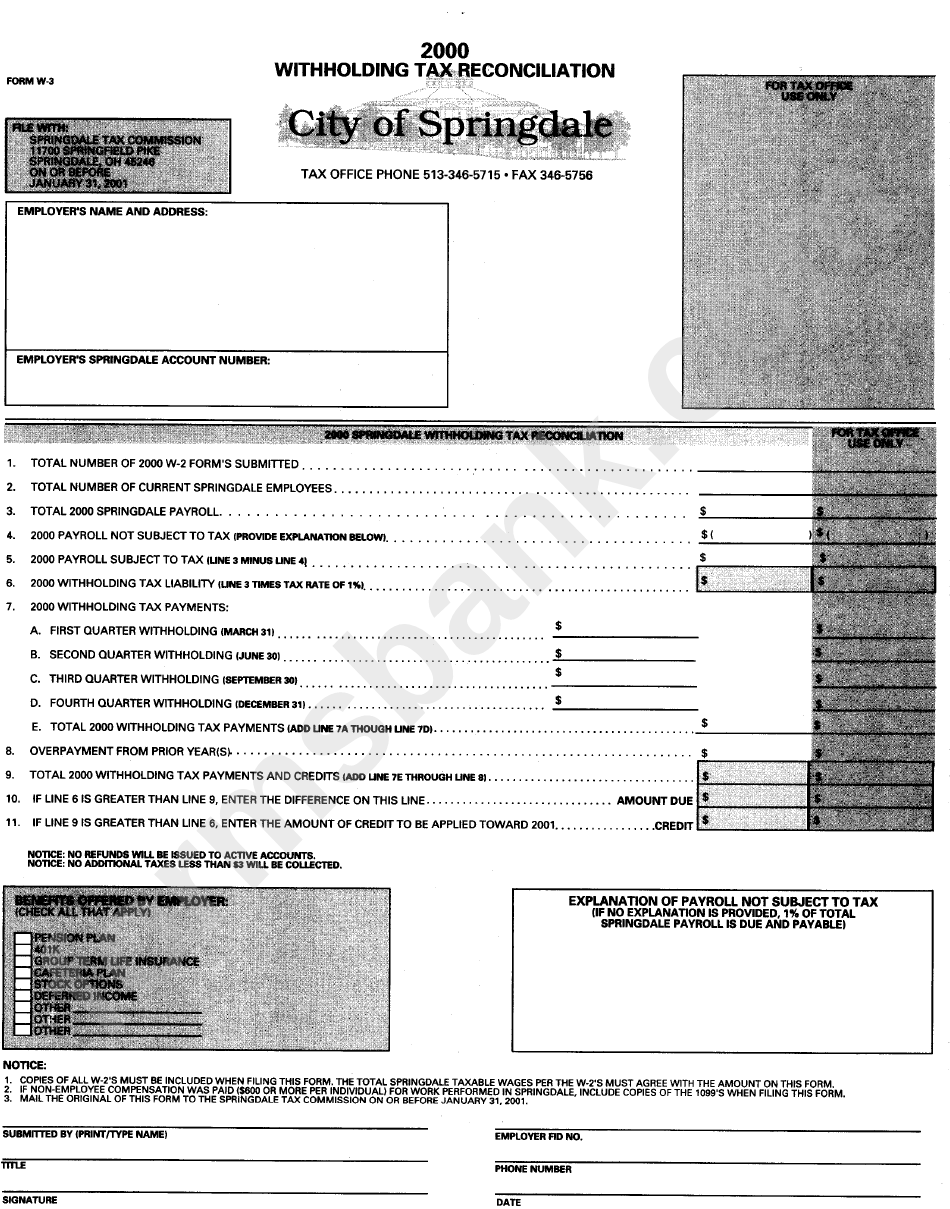 Form W-3 - Withholding Tax Reconcilation - City Of Springdale, Ohio - 2000