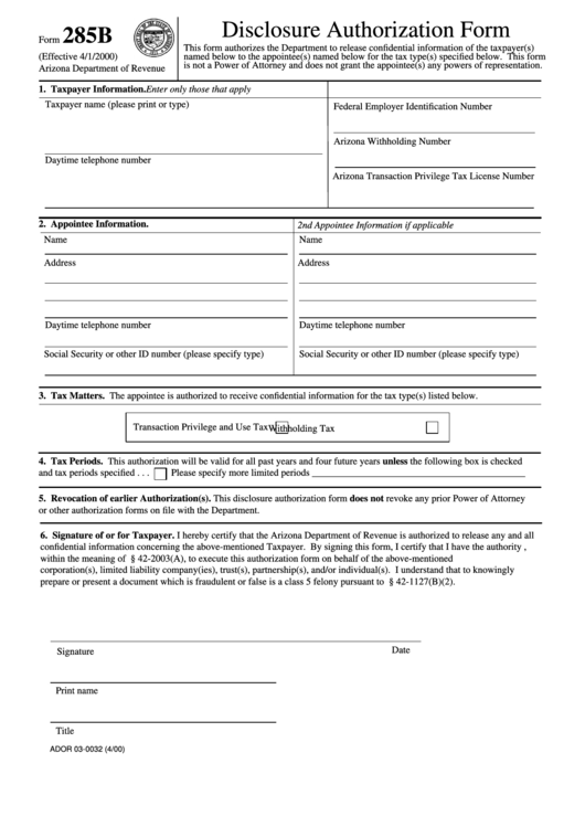 Fillable Form 285b - Disclosure Authorization Form - Arizona Department Of Revenue Printable pdf