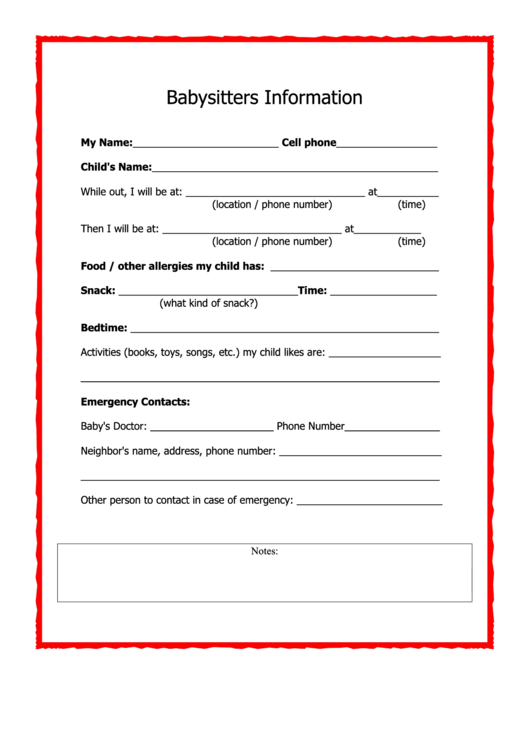 Babysitters Information Template Printable pdf