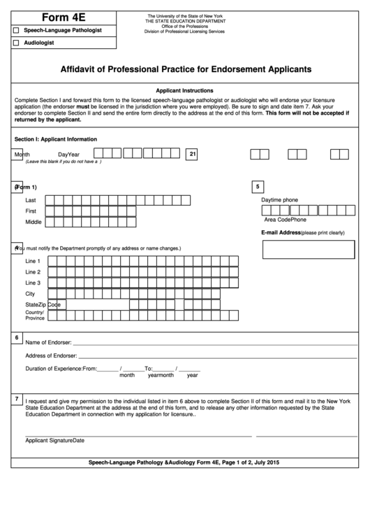 Form 4e - Affidavit Of Professional Practice For Endorsement Applicants Printable pdf