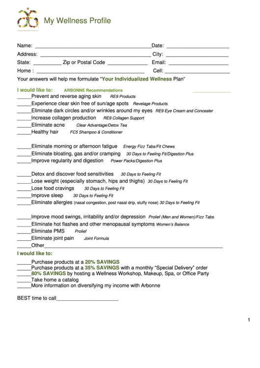My Wellness Profile Form Printable pdf