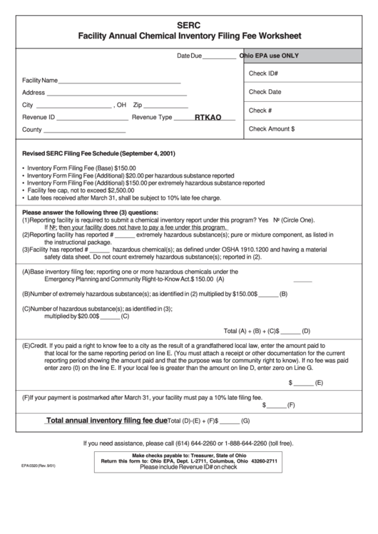 Form Epa 0320 - Facility Annual Chemical Inventory Filing Fee Worksheet Printable pdf
