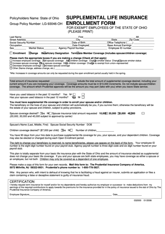 Supplemental Life Insurance Enrollment Form Printable pdf