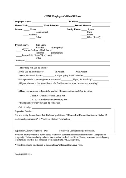 Fillable From Dnr1225 - Employee Call In/off Form Printable pdf