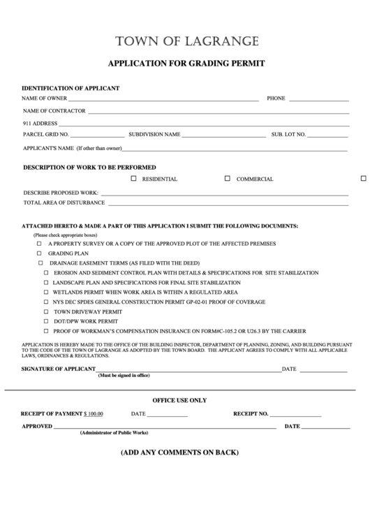 Application For Grading Permit Form - Town Of Lagrange Printable pdf