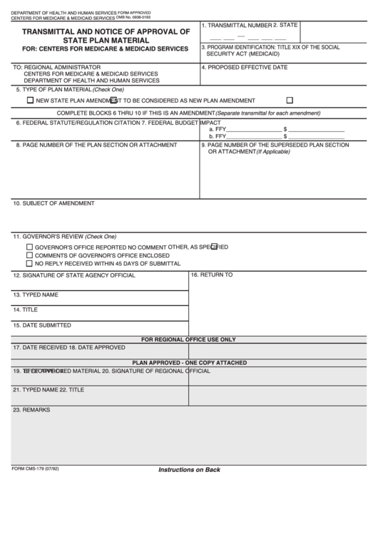 Form Cms-179 - Transmittal And Notice Of Approval Of State Plan Material Printable pdf
