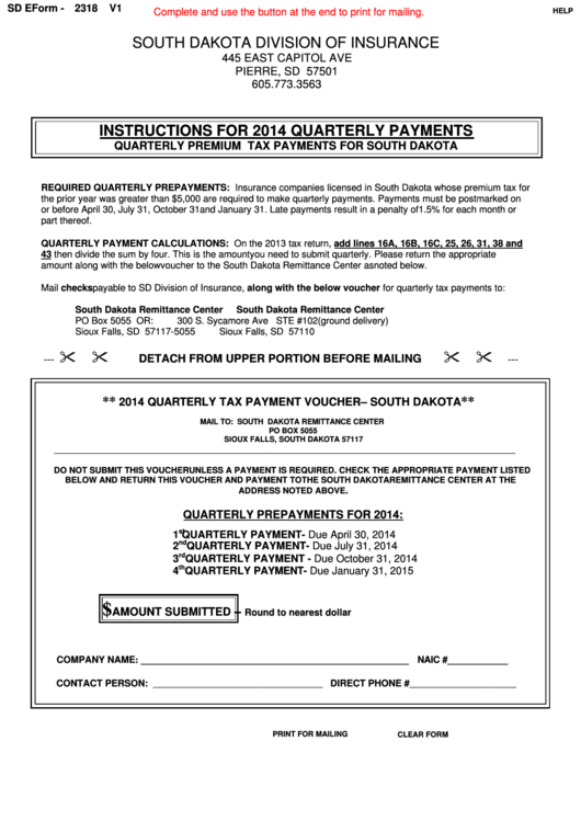 Fillable Sd Form 2318 - 2014 Quarterly Tax Payment Voucher - South Dakota Printable pdf