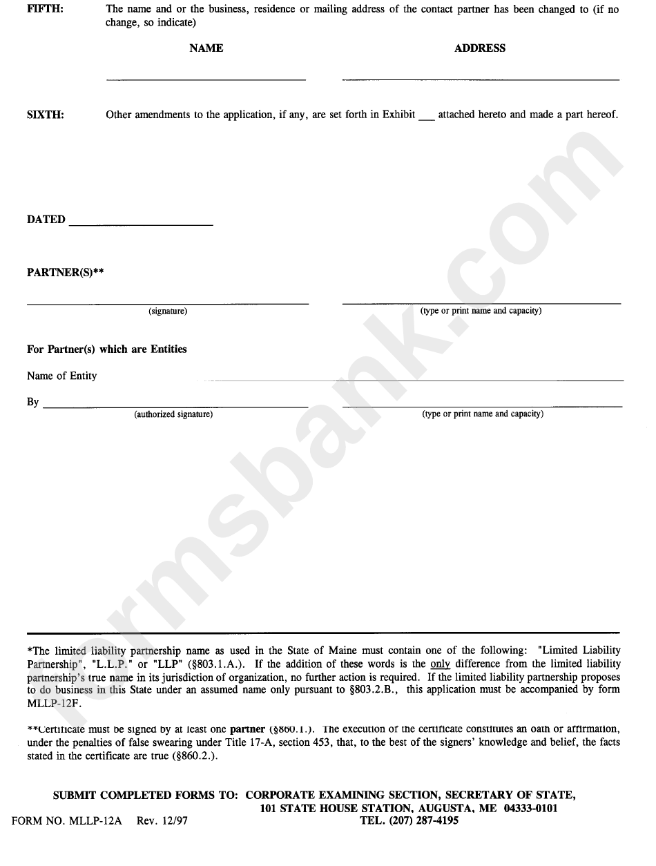 Form Mlpp-12a - Amended Application For Authority To Do Business