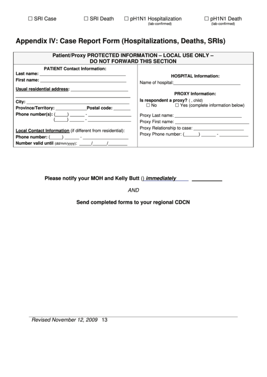Hospitalization, Death, & Severe Respiratory Illness (Sri) Case Report Form Printable pdf