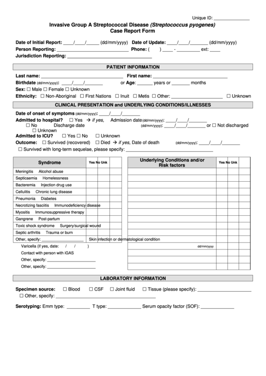 Invasive Group A Streptococcal Disease (Streptococcus Pyogenes) Case Report Form Printable pdf