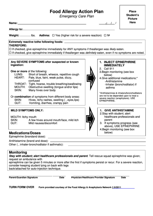 Food Allergy Action Plan Printable Pdf Download