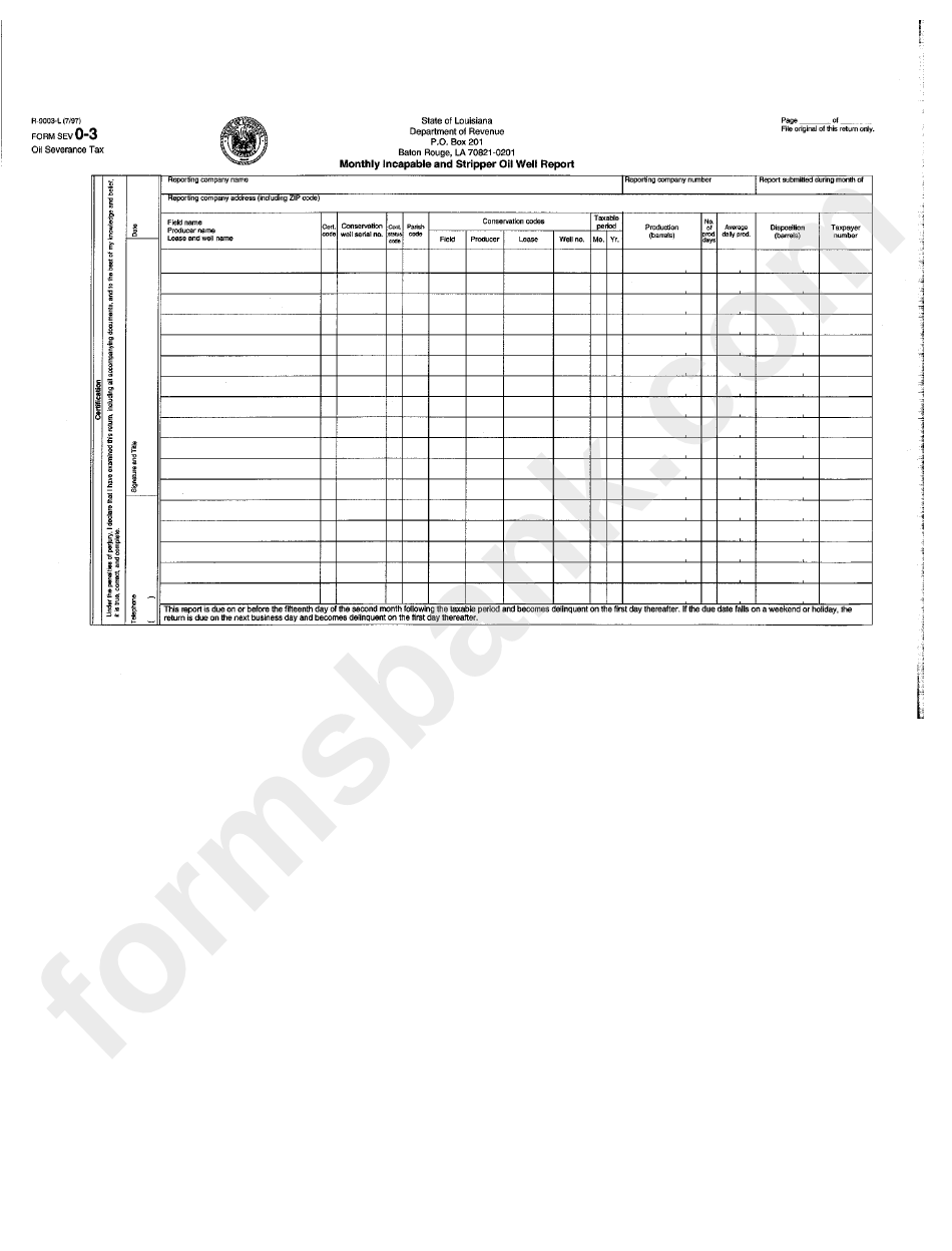 Form Sev 0-3 (Oil Severance Tax) - Monthly Incapable And Stripper Oil Well Report