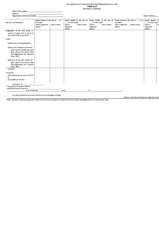 Form Iii - Return Of Turnover Printable pdf
