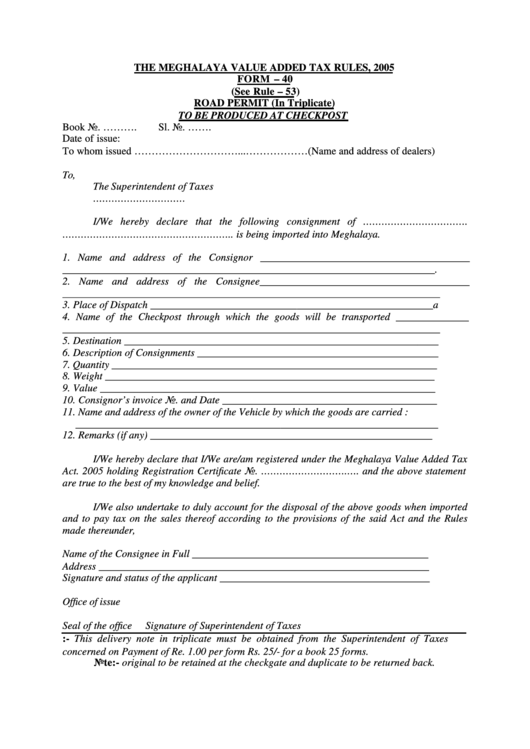 Form 40 - Road Permit To Be Produced At Checkpost Printable pdf