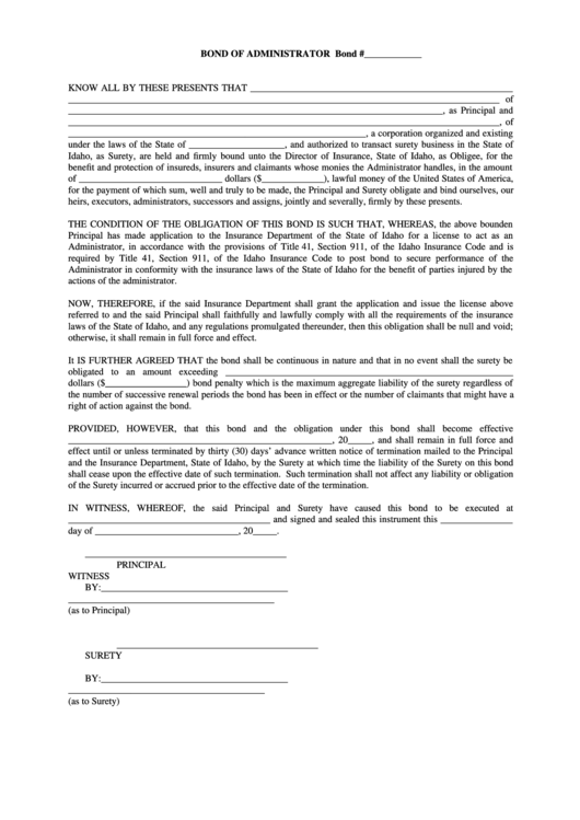 Fillable Bond Of Administrator Template printable pdf download