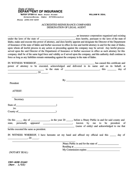 Form Ins-adm-dlao - Designation Of Legal Agent For Accredited 