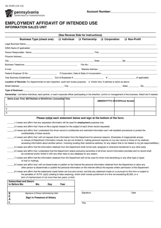 Fillable Form Dl-9105 - Employment Affidavit Of Intended Use Printable pdf