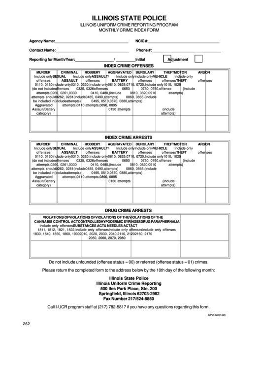 Form Isp 2-423 - Monthly Crime Index Form - Illinois State Police Printable pdf
