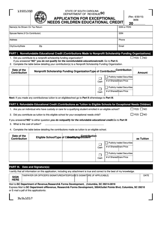 Form Sc Sch.tc-57a - Application For Exceptional Needs Children Educational Credit Printable pdf