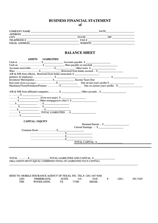 Business Financial Statement Form And Balance Sheet Printable pdf