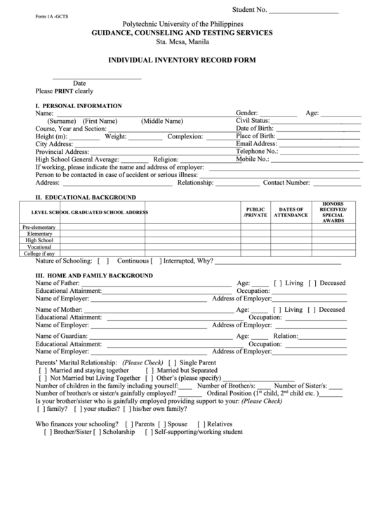 Individual Inventory Record Form Printable pdf
