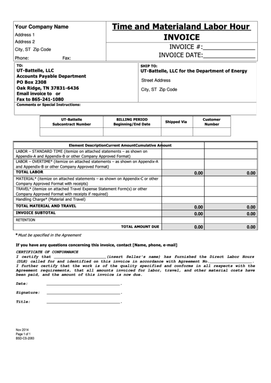 Fillable Time And Material And Labor Hour Invoice Template 2014