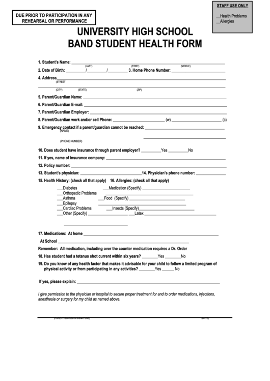 Band Student Health Form Printable pdf