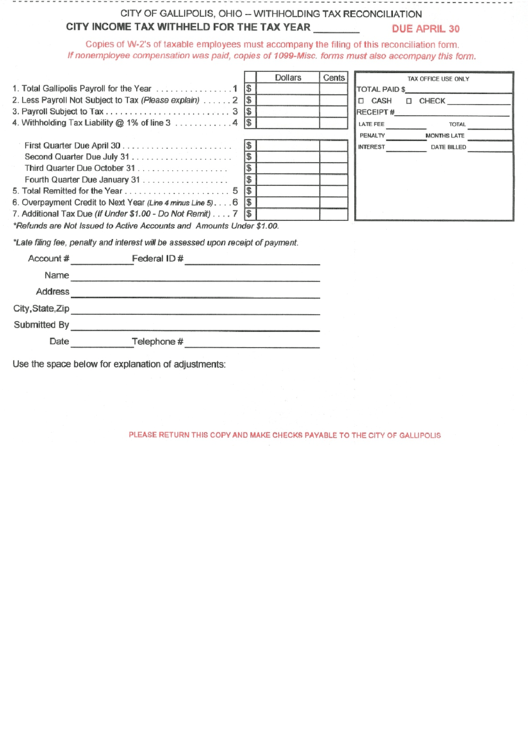 City Income Tax Withheld - City Of Gallipolis Printable pdf