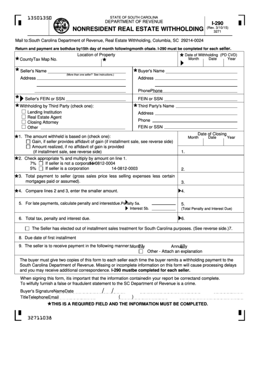 Form I-290 - Nonresident Real Estate Withholding (2015) Printable pdf