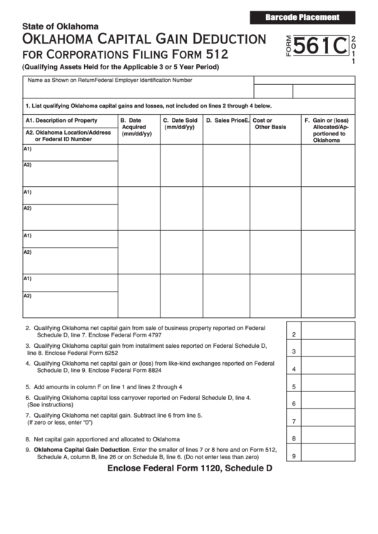 Form 561c - Oklahoma Capital Gain Deduction For Corporations Filling Form 512 - 2011 Printable pdf