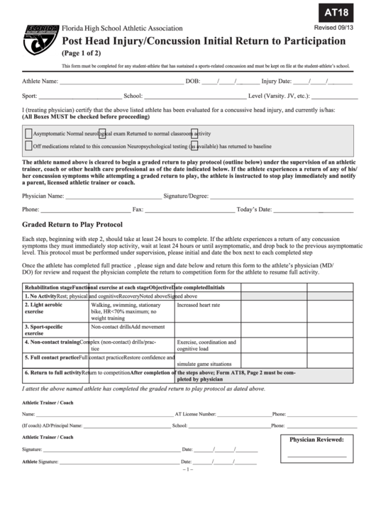 Form At18 - Post Head Injury/concussion Initial Return To Participation Printable pdf