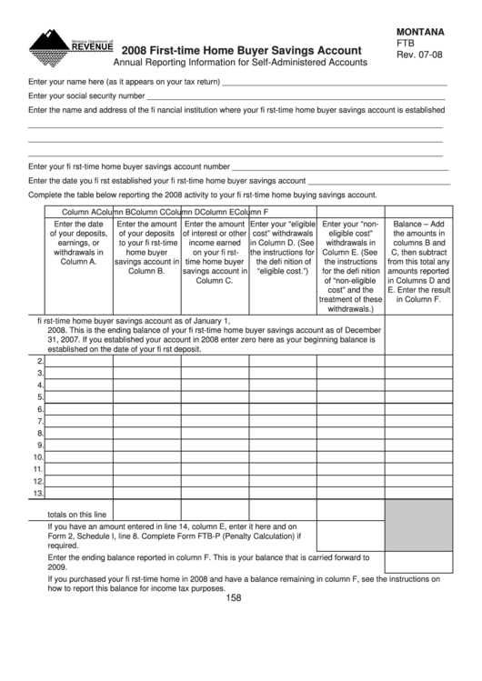 Montana Form Ftb - First-Time Home Buyer Savings Account - 2008 Printable pdf