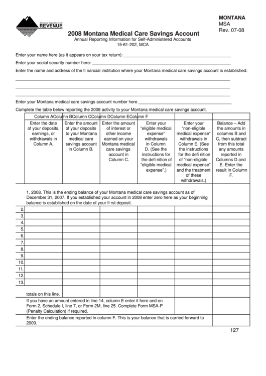 Montana Form Msa - Montana Medical Care Savings Account - 2008 Printable pdf