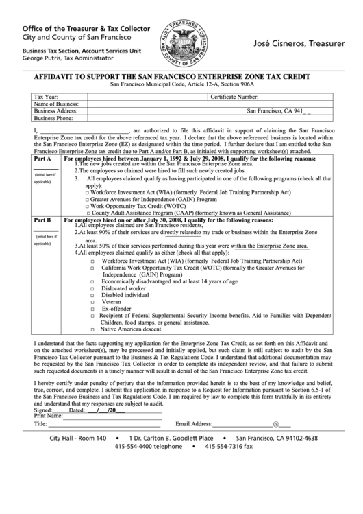 Fillable Affidavit To Support The San Francisco Enterprise Zone Tax Credit - San Francisco Office Of The Treasurer & Tax Collector Printable pdf
