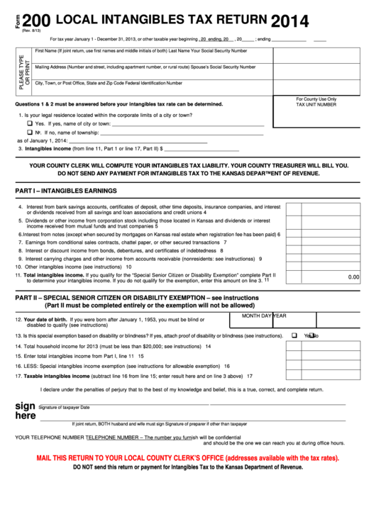 Fillable Form 200 - Local Intangibles Tax Return - 2014 Printable pdf