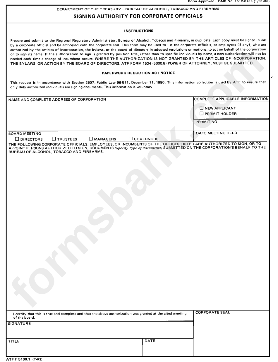 Form Atf F 5100.1 - Signing Authority For Corporate Officials - Department Of The Treasury