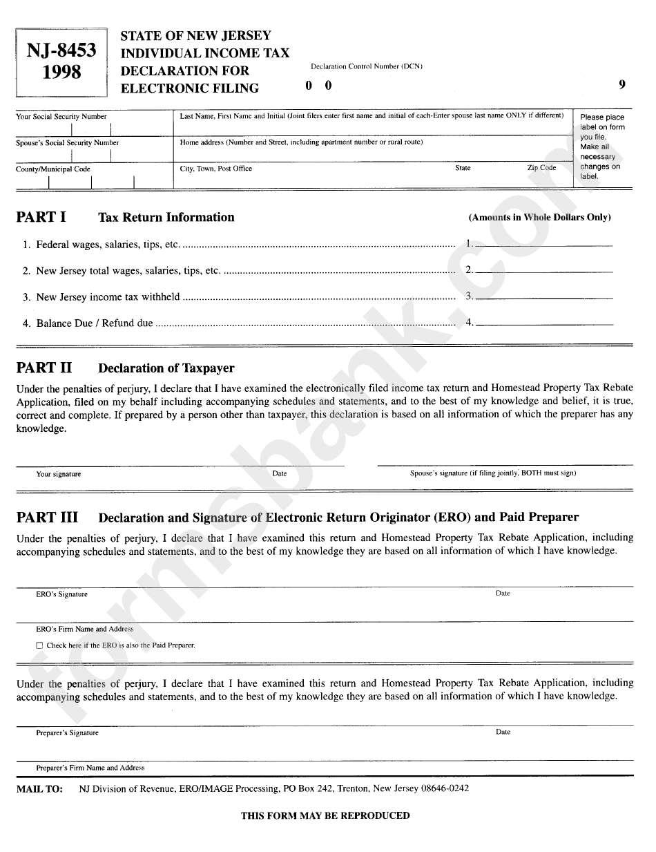 Form Nj-8453 - Industrial Income Tax Declaration For Electronic Filing (1998)