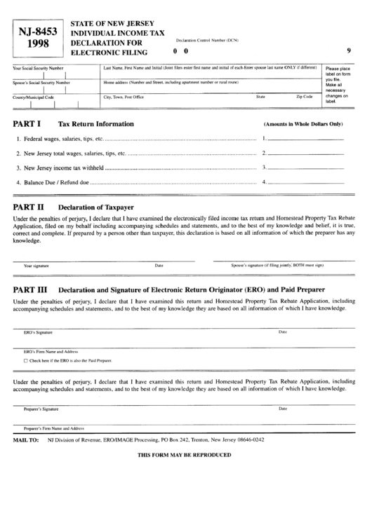 Form Nj-8453 - Industrial Income Tax Declaration For Electronic Filing (1998) Printable pdf