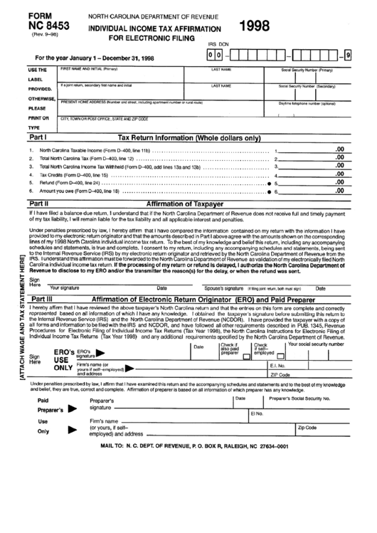 Form Nc 8453 - Individual Income Tax Affirmation For Electronic Filing (1998) Printable pdf