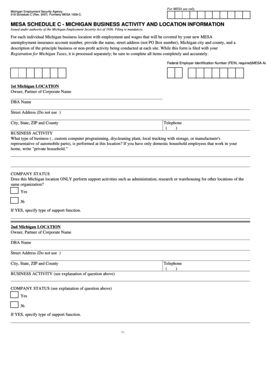 Form 518 - Mesa Schedule C - Michigan Business Activity And Location Information Printable pdf