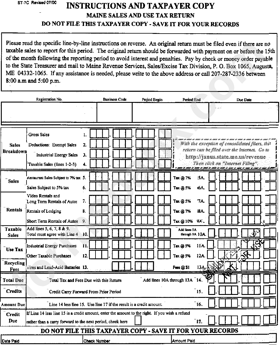 Form St7c Maine Sales And Use Tax Return printable pdf download