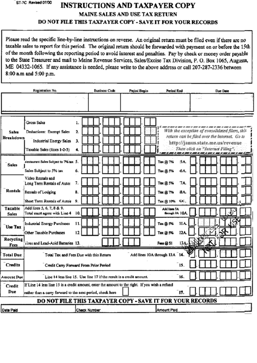 Form St-7c - Maine Sales And Use Tax Return Printable pdf